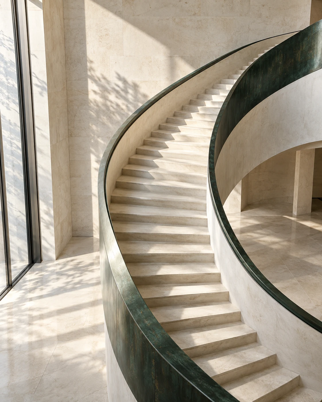 Estudo conceitual de arquitetura: escada em pedra clara com corrimão verde